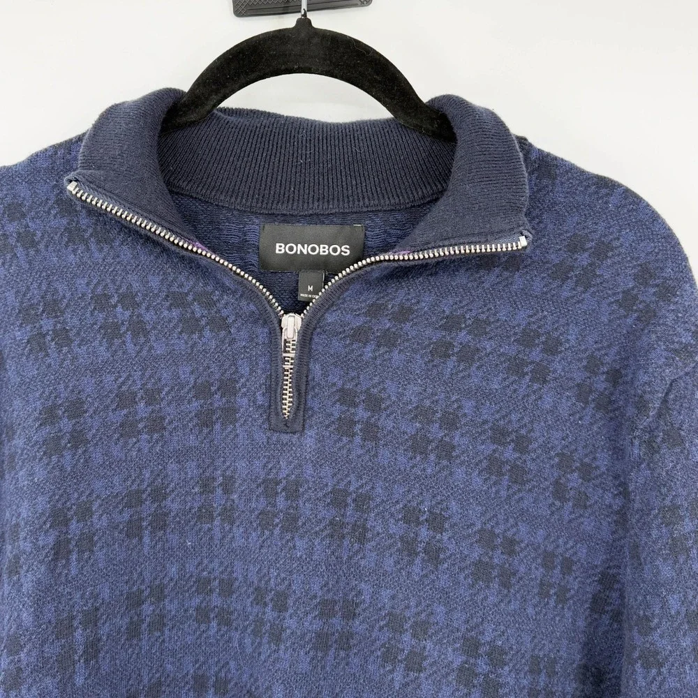 Bonobos Mens Blue Houndstooth Cotton Cashmere Quarter Zip Sweater Pullover M